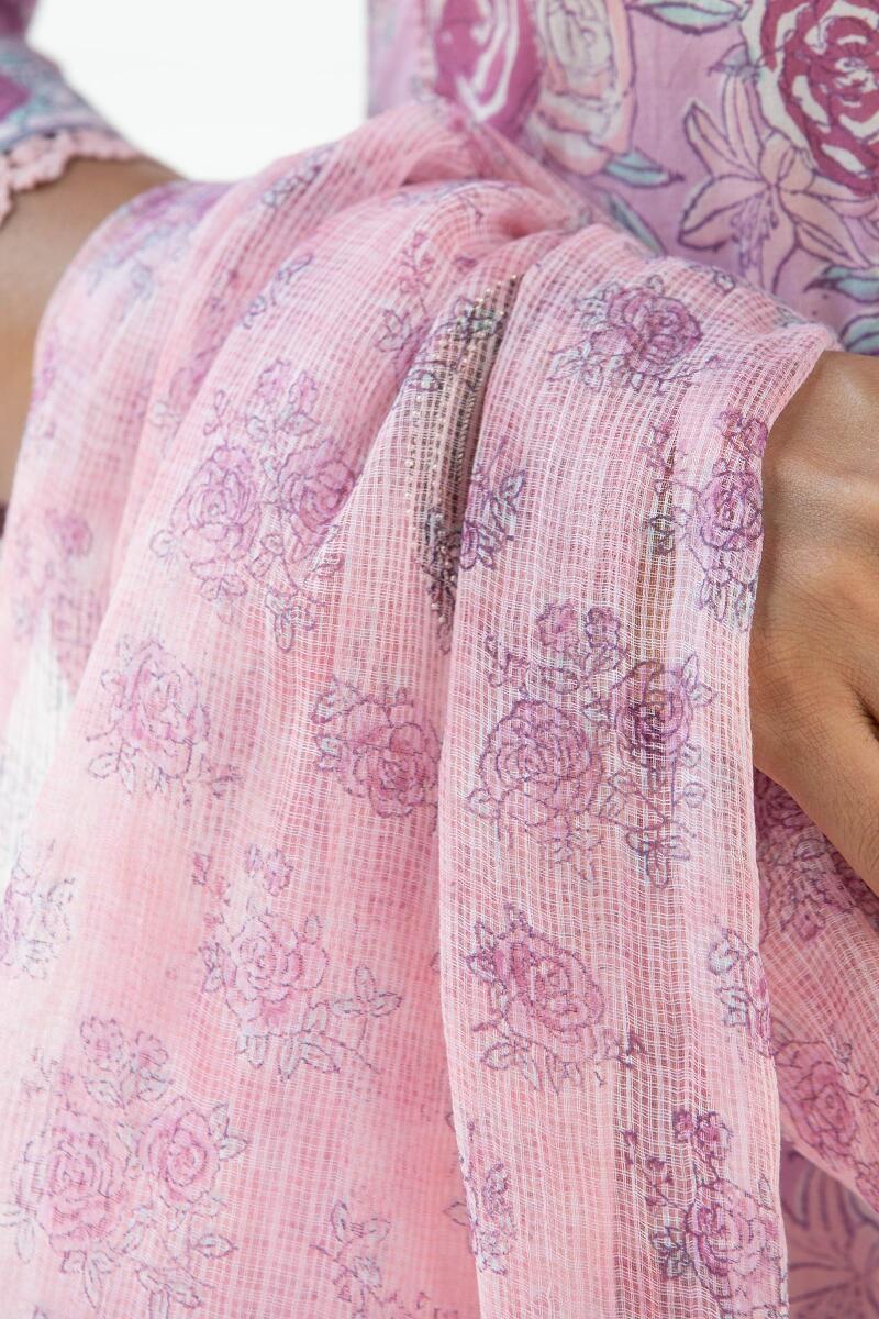 Pink Block Printed Kota Dupatta