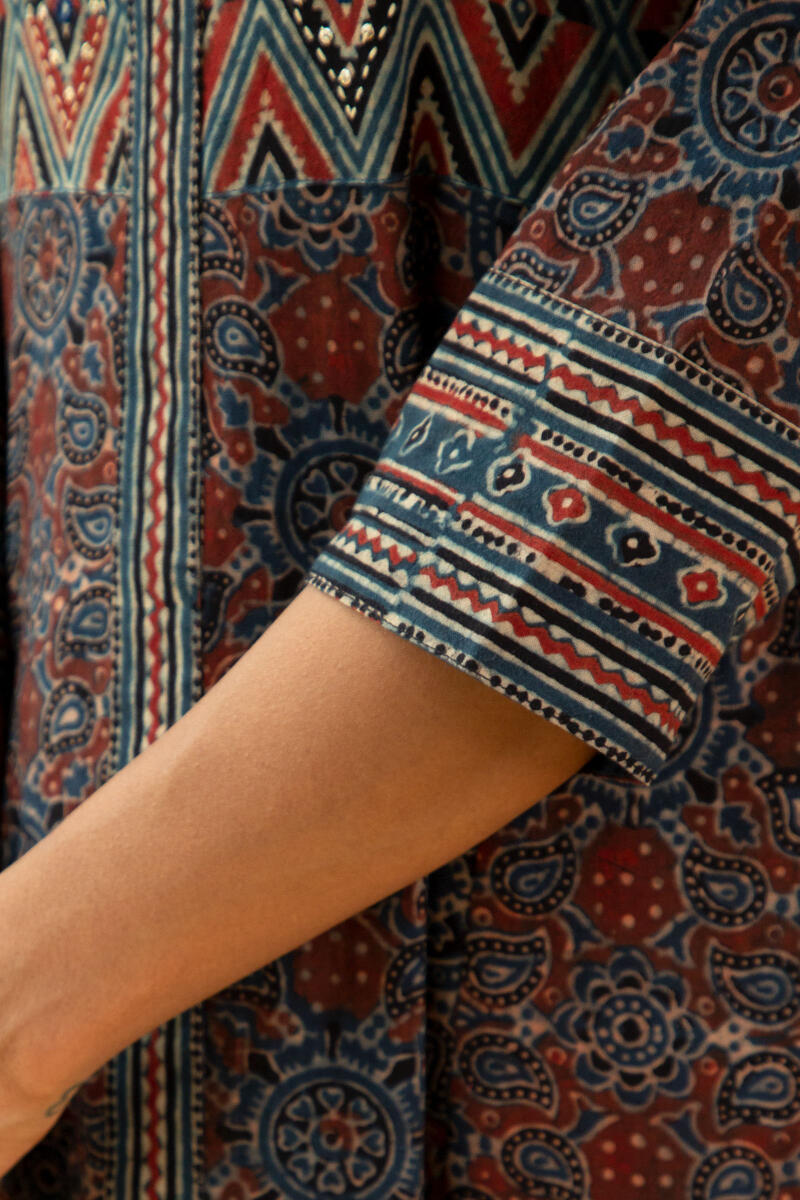 Indigo Block Printed A-Line Cotton Kurta