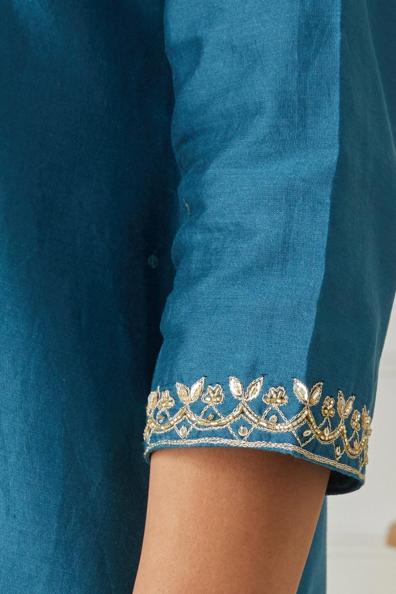 Blue Handcrafted Short Chanderi Kurta