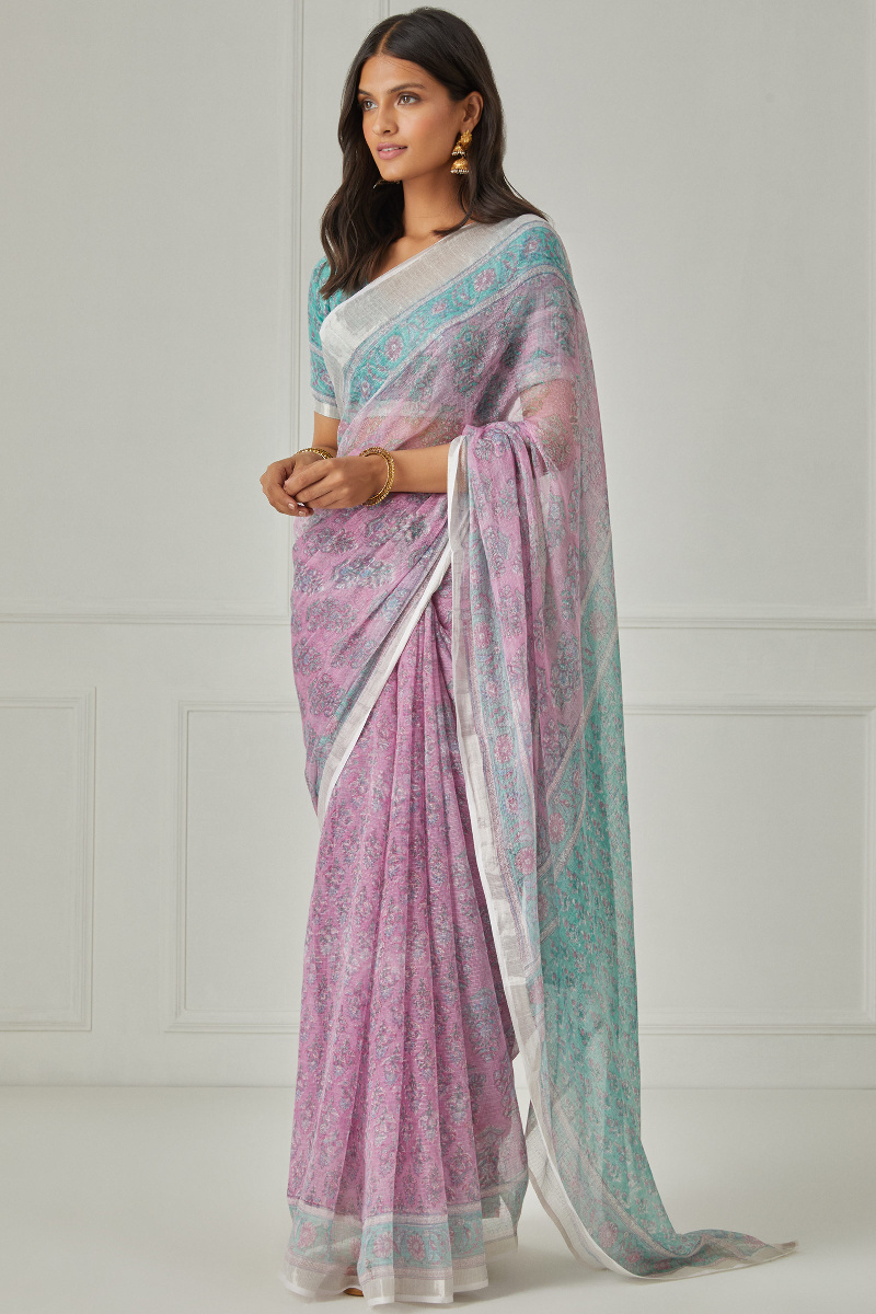 Purple Block Printed Kota Silk Saree