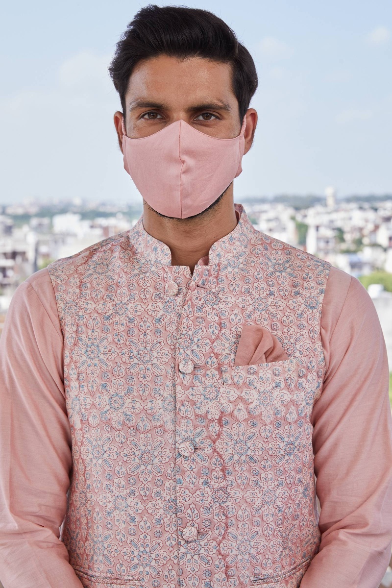 Peach Block Printed Chanderi Nehru Jacket