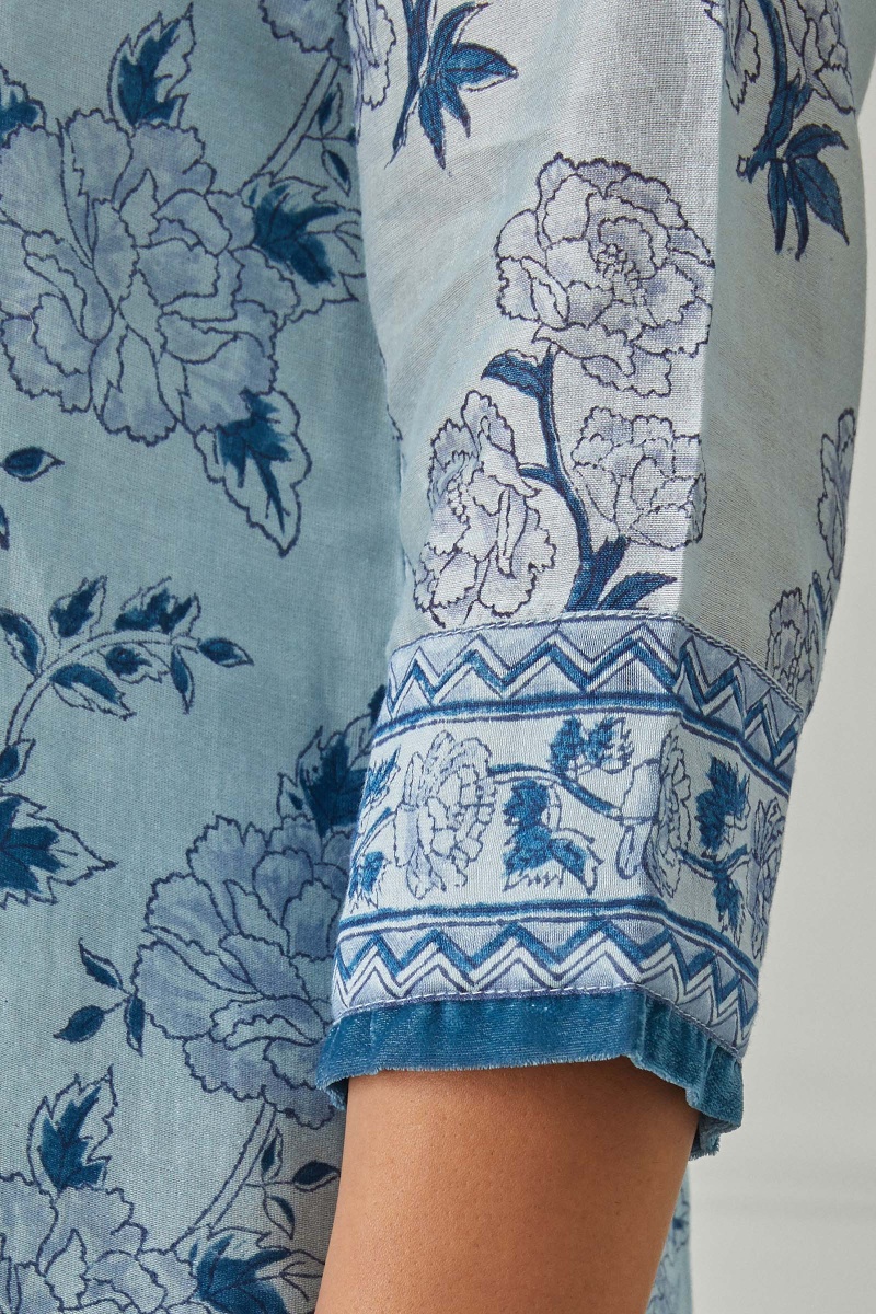 Blue Block Printed A-Line Chanderi Kurta