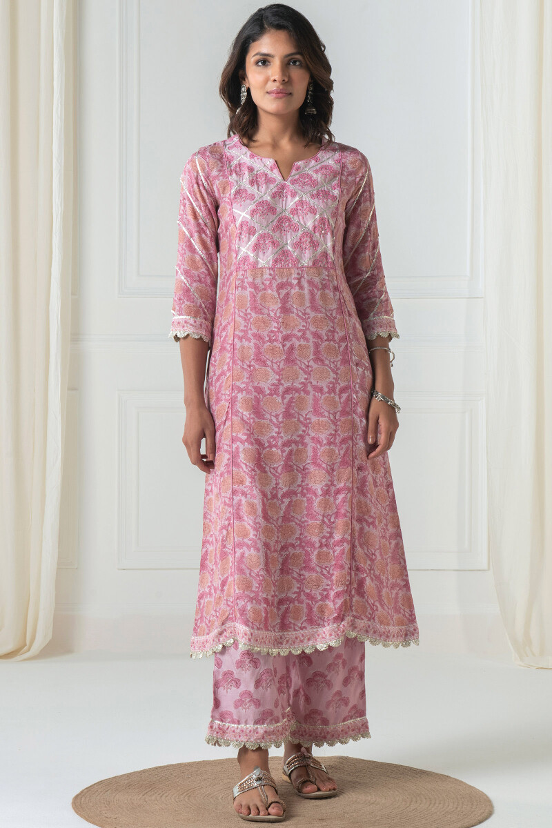 Pink Block Printed A-Line Modal Kurta