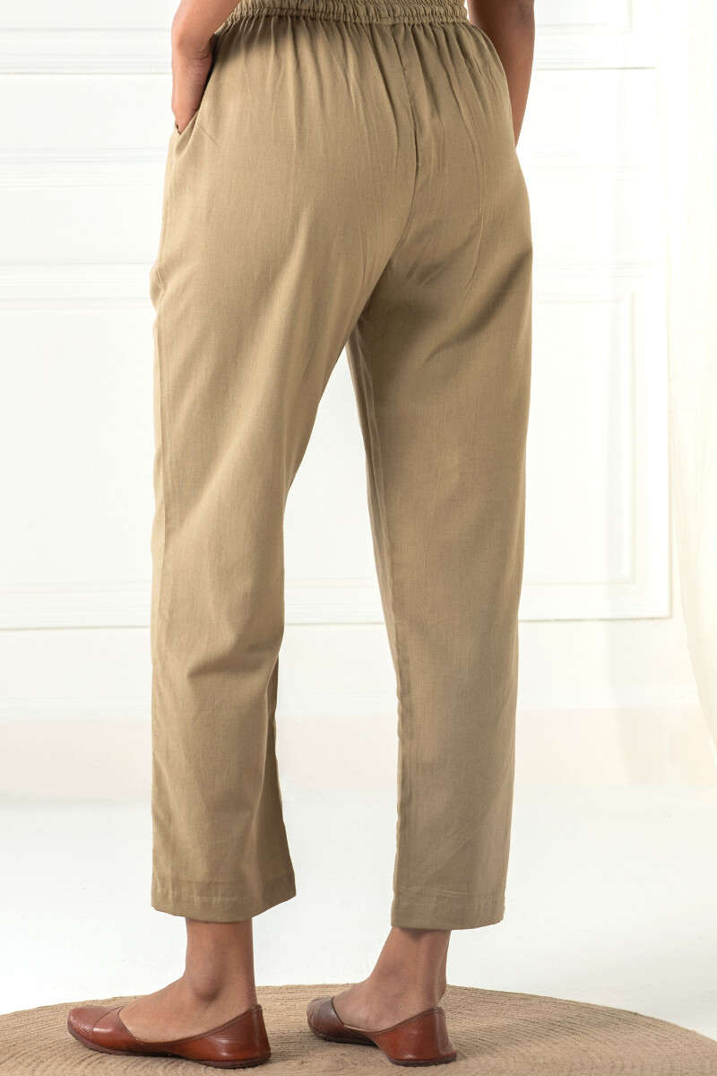 Khaki Handcrafted Cotton Flex Pants