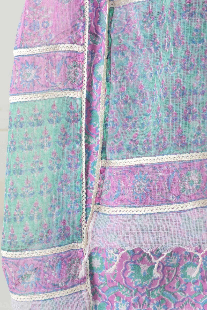 Pink Block Printed Kota Dupatta