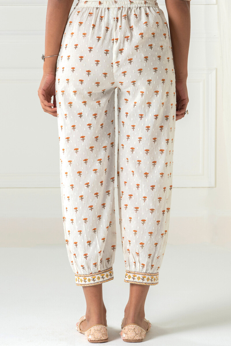 White Block Printed Cotton Dobby Izhaar Pants