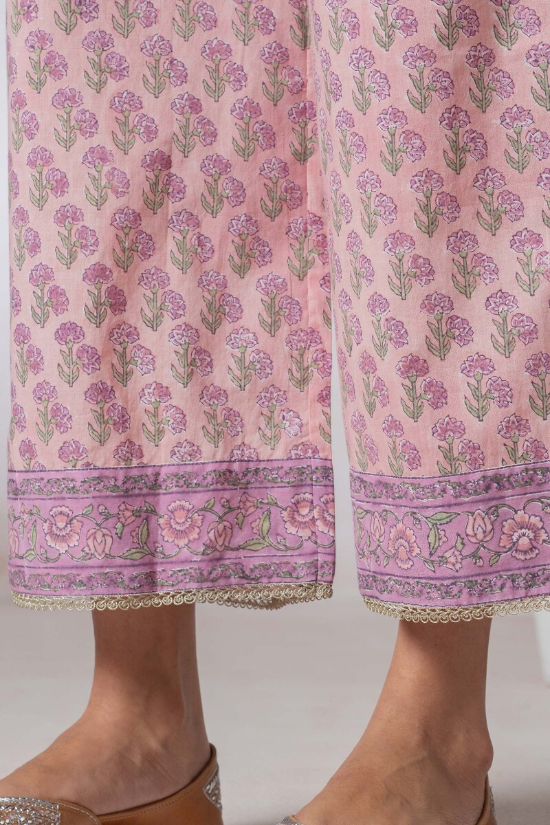 Pink Block Printed Cotton Sanganeri Farsi