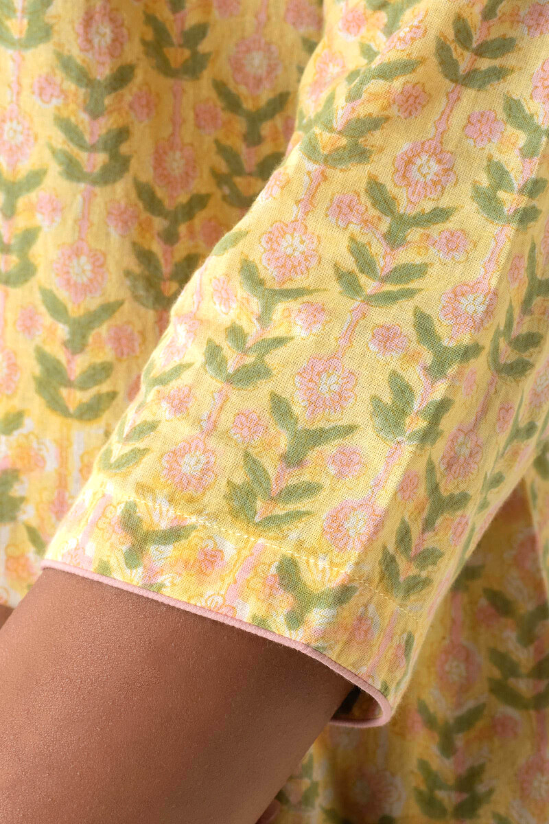 Yellow Block Printed Cotton Pyjama Set