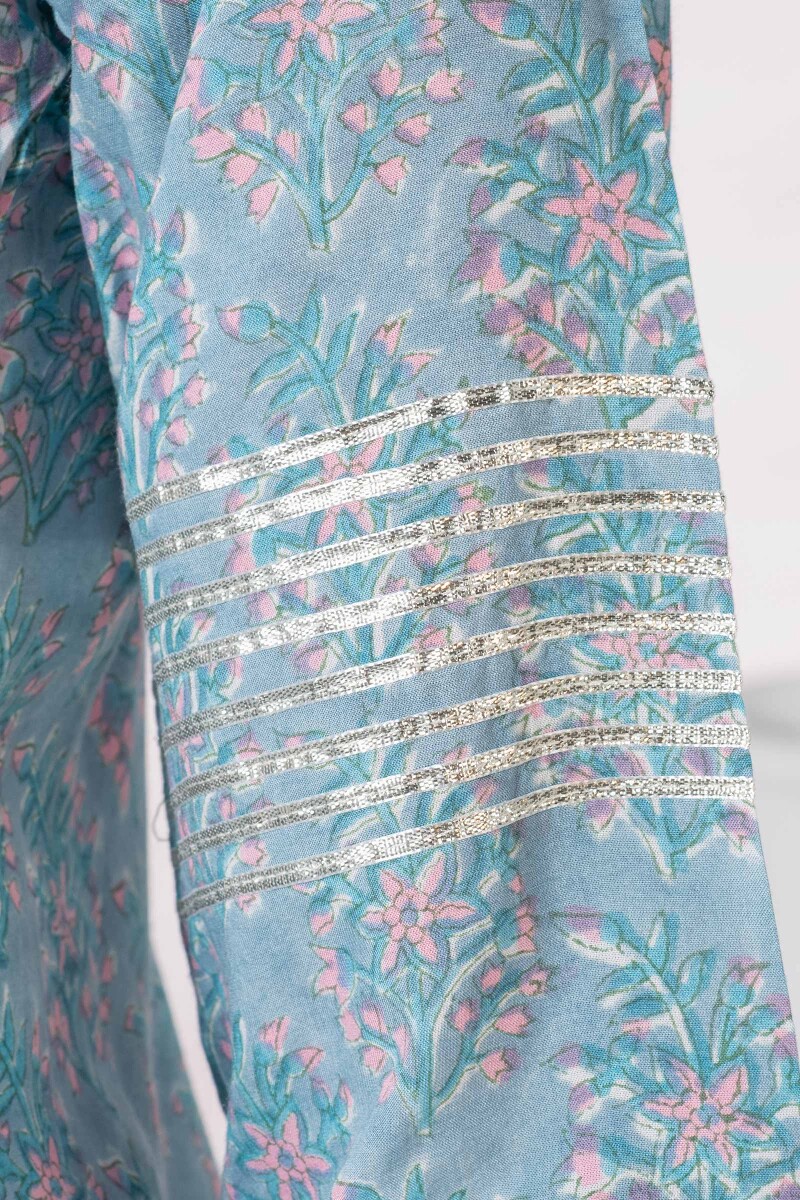 Turquoise Block Printed A-Line Modal Kurta