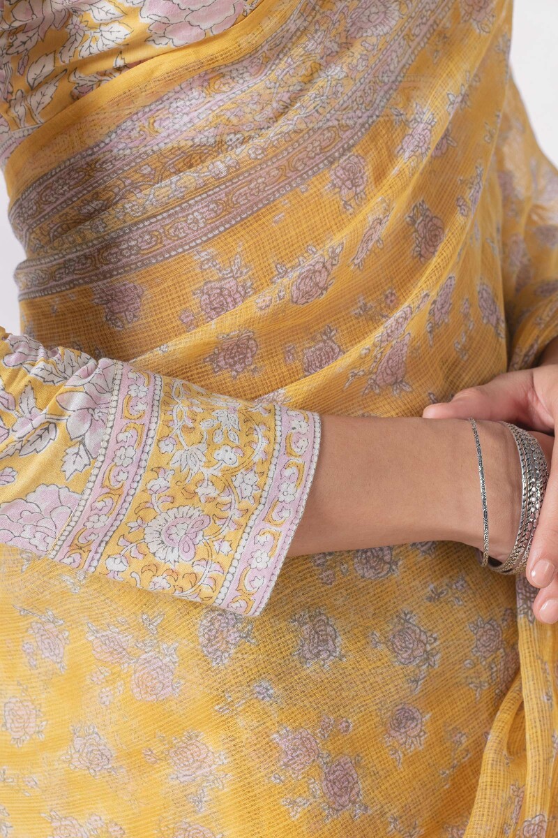 Yellow Block Printed Kota Silk Saree