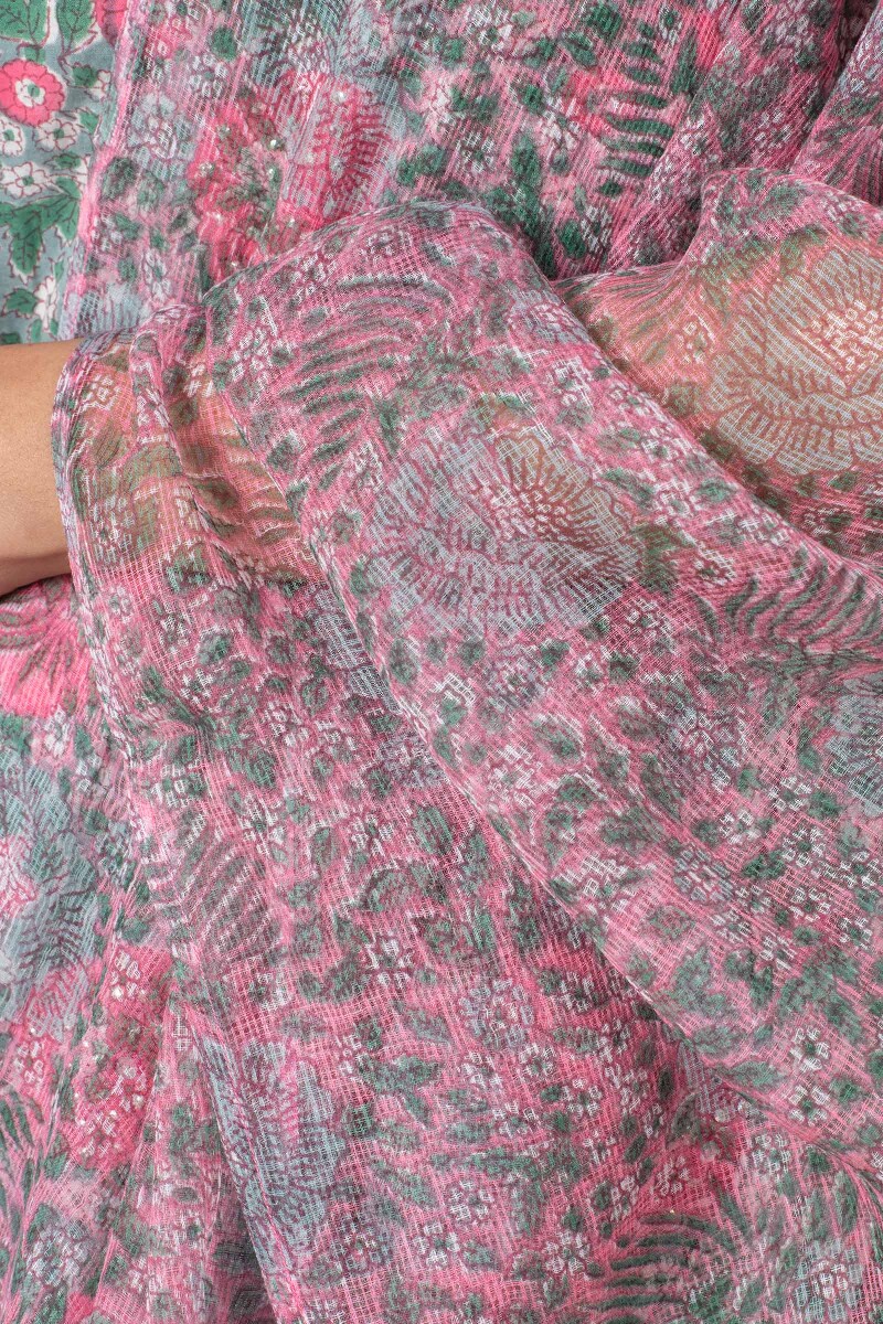 Pink Block Printed Kota Dupatta