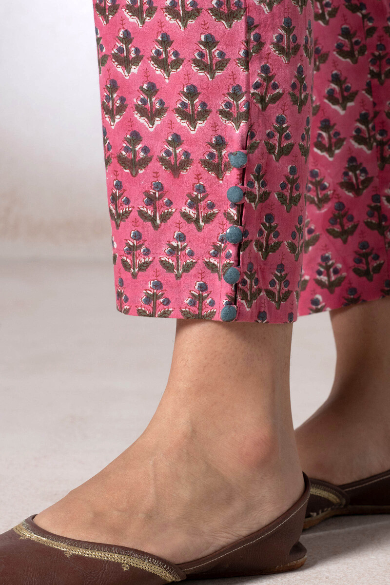 Pink Block Printed Cotton Narrow Pants