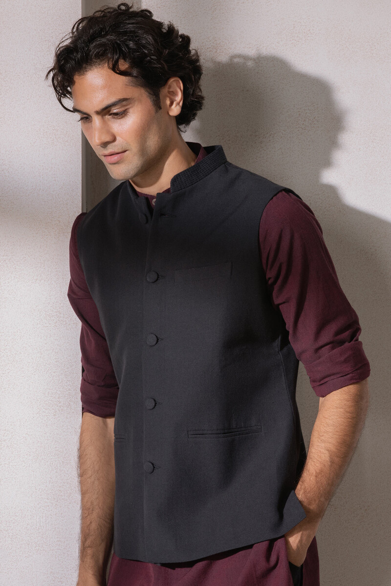 Buy Black Handcrafted Handloom Nehru Jacket for Men FGMNJ21 12 Farida Gupta