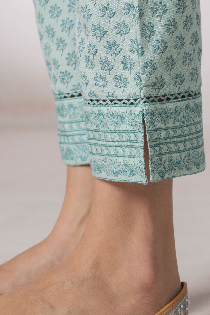 Blue Block Printed Cotton Flex Pants