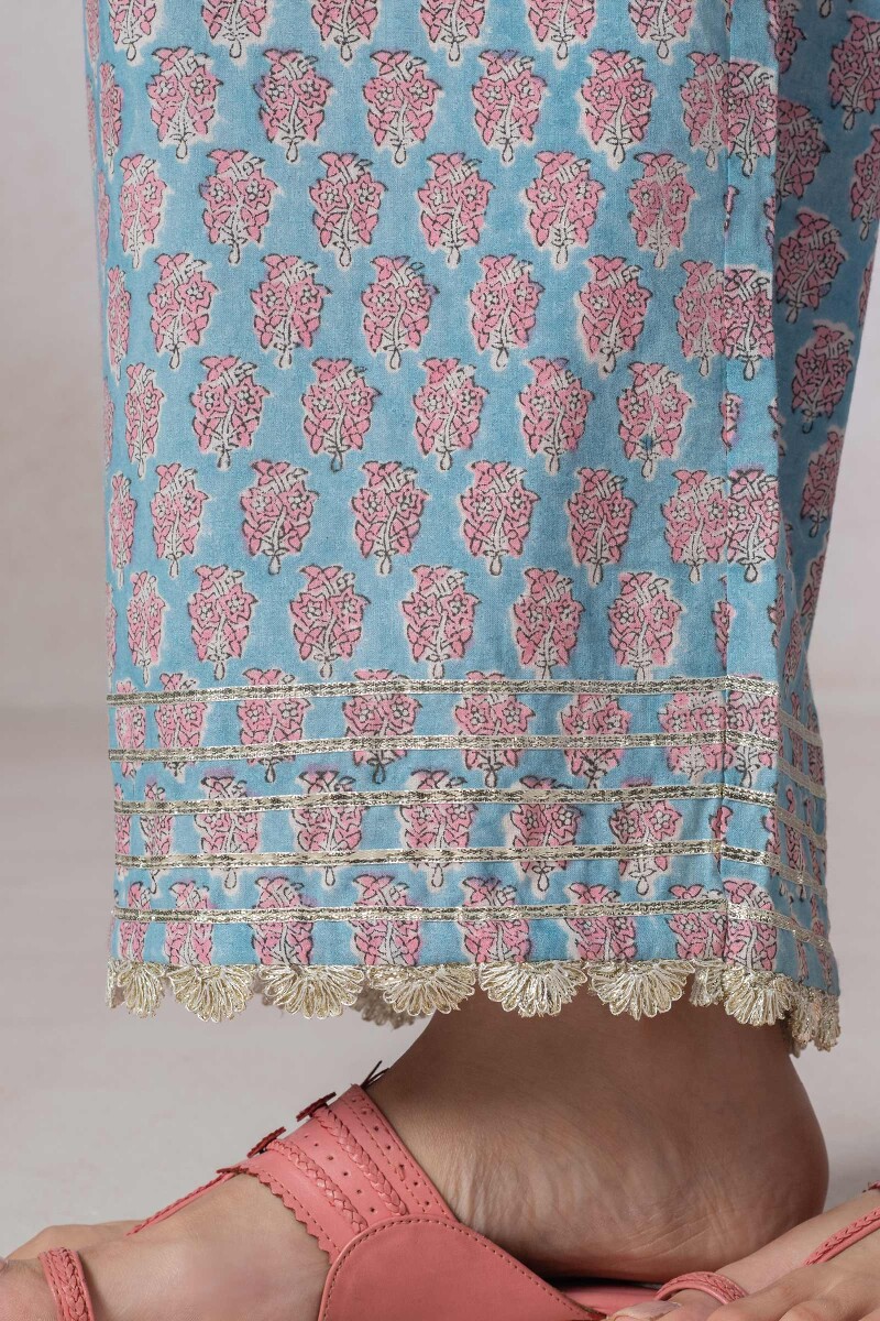 Blue Block Printed Cotton Farsi Pants