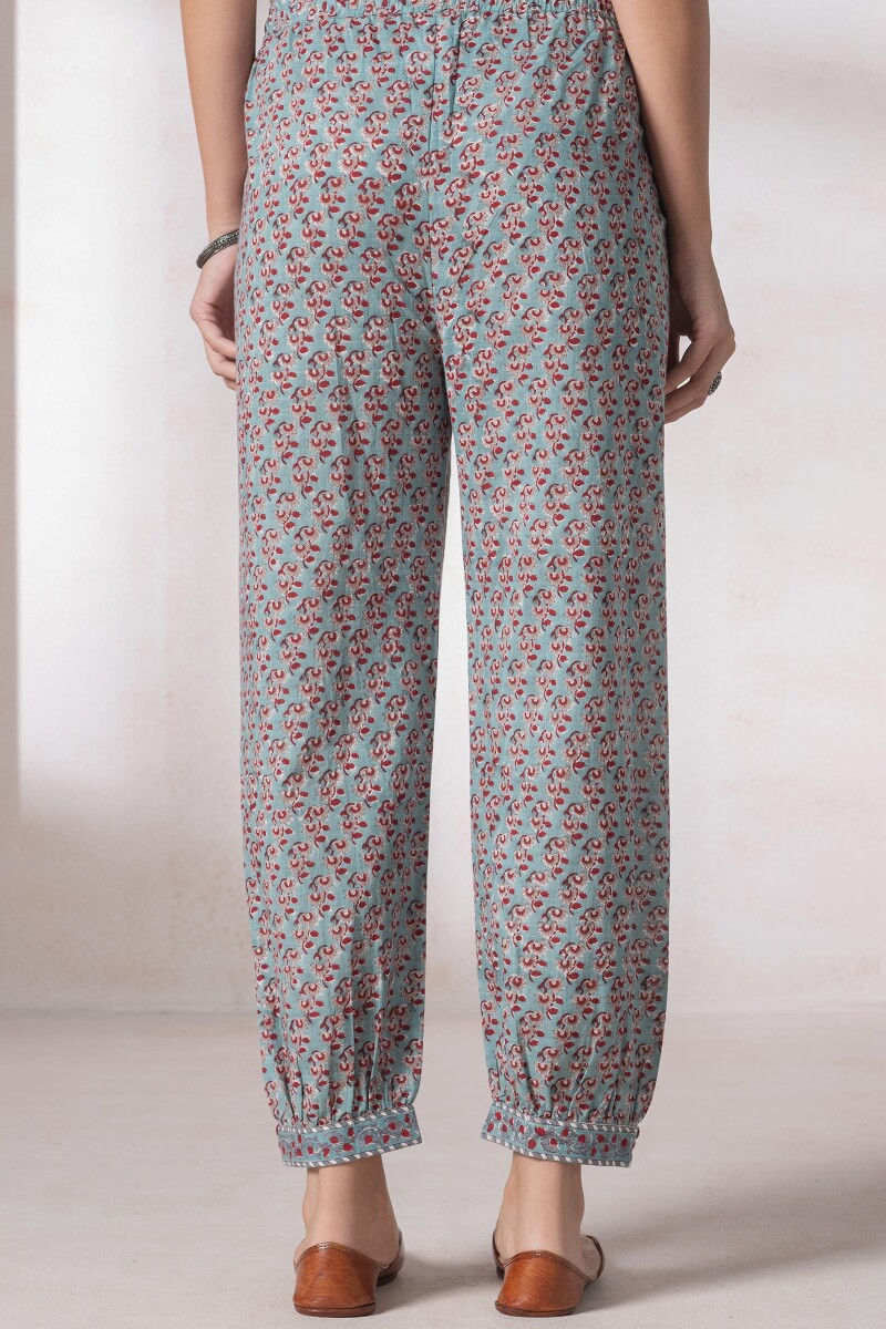 Turquoise Block Printed Cotton Izhaar Pants