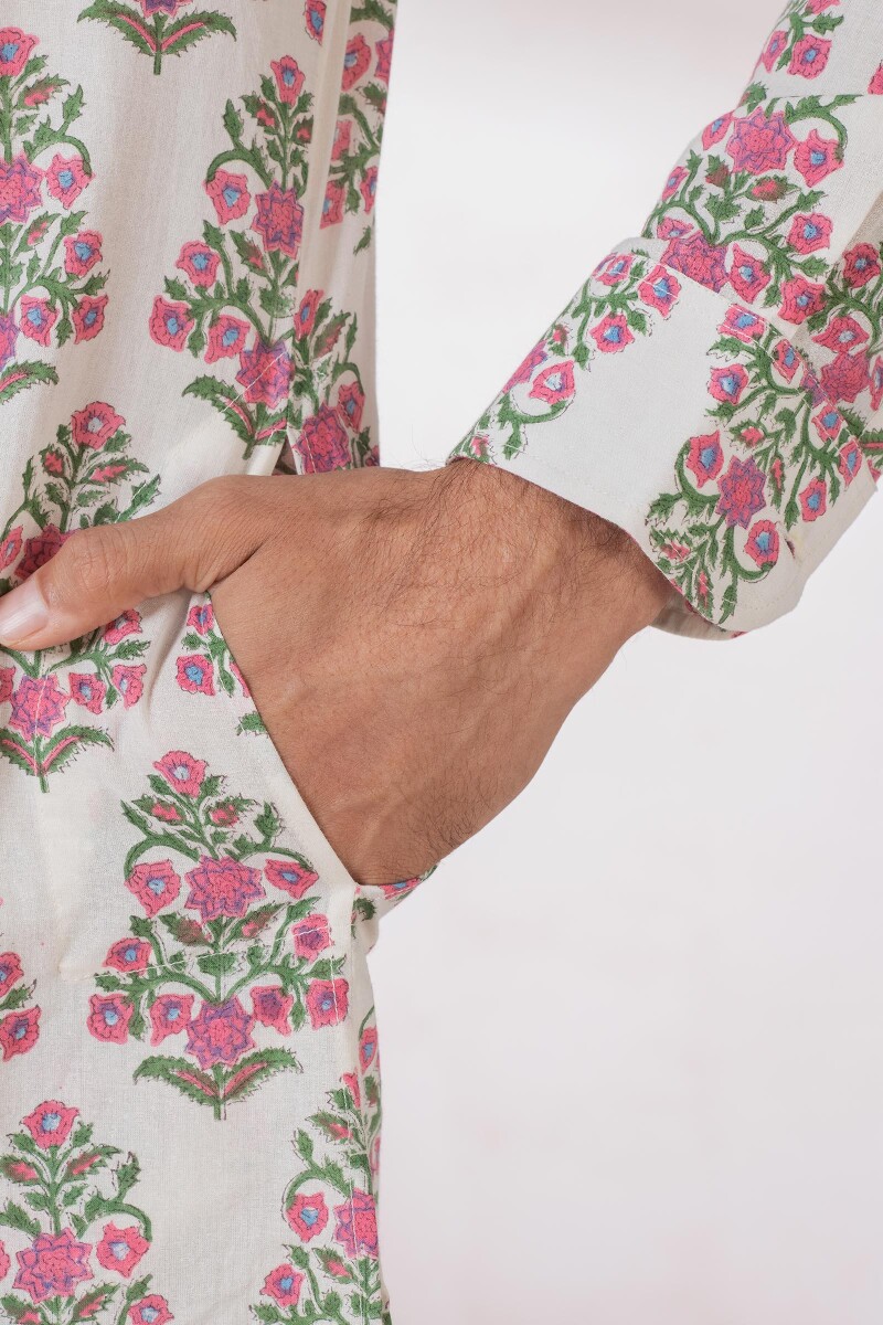 Off-White Block Printed Cotton Kurta