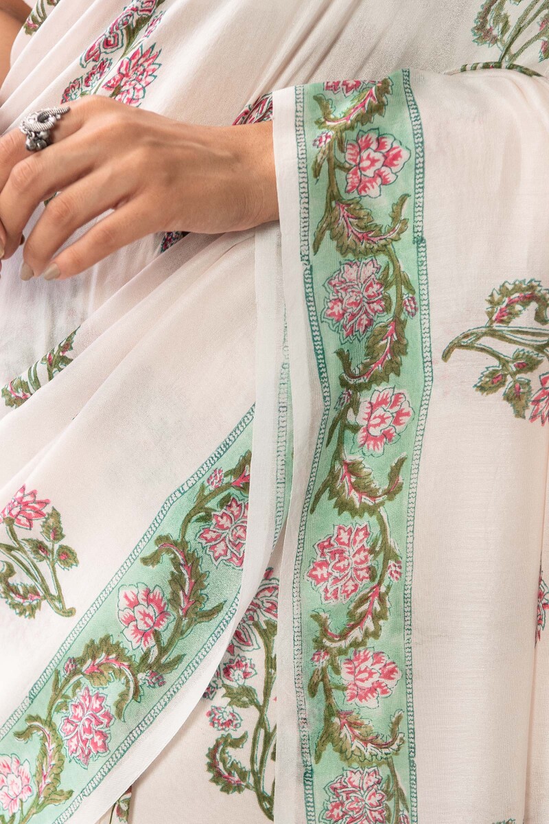 White Hand Block Printed Chanderi Saree