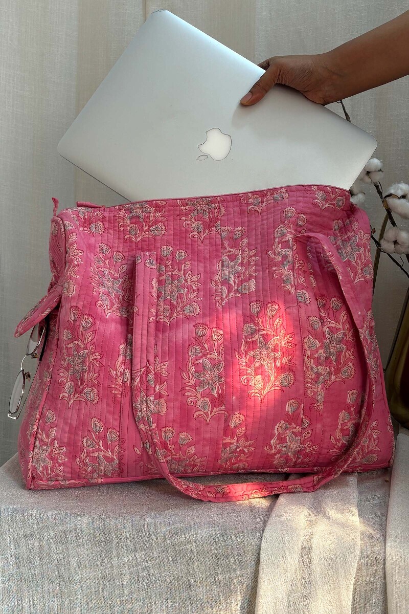 Pink Hand Block-Printed Cotton Duffel Bag