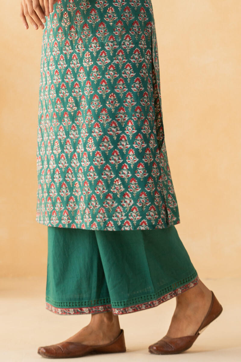 Green Block Printed Straight Cotton Kurta