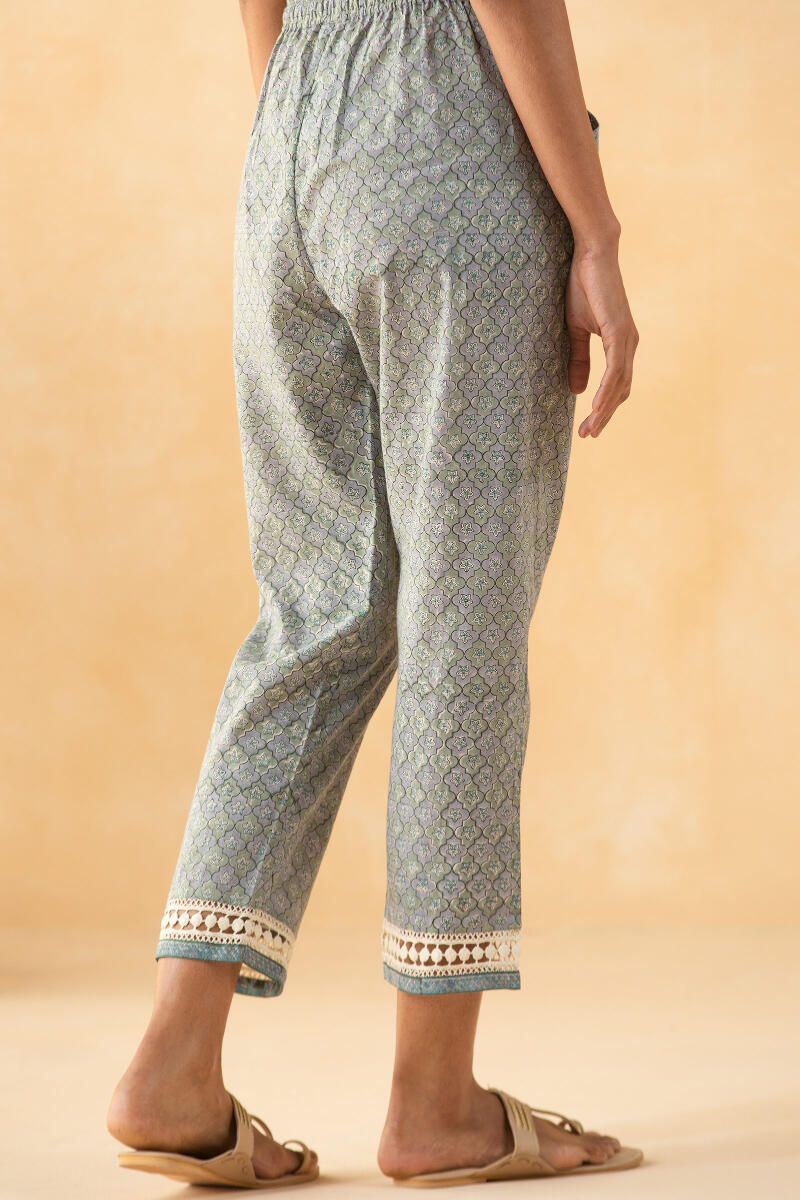 Grey Block Printed Cotton Narrow Pants