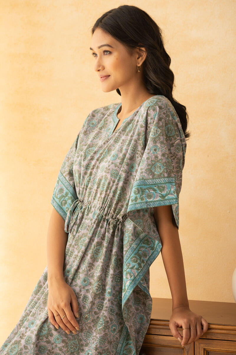 Grey Block Printed Cotton Kaftan