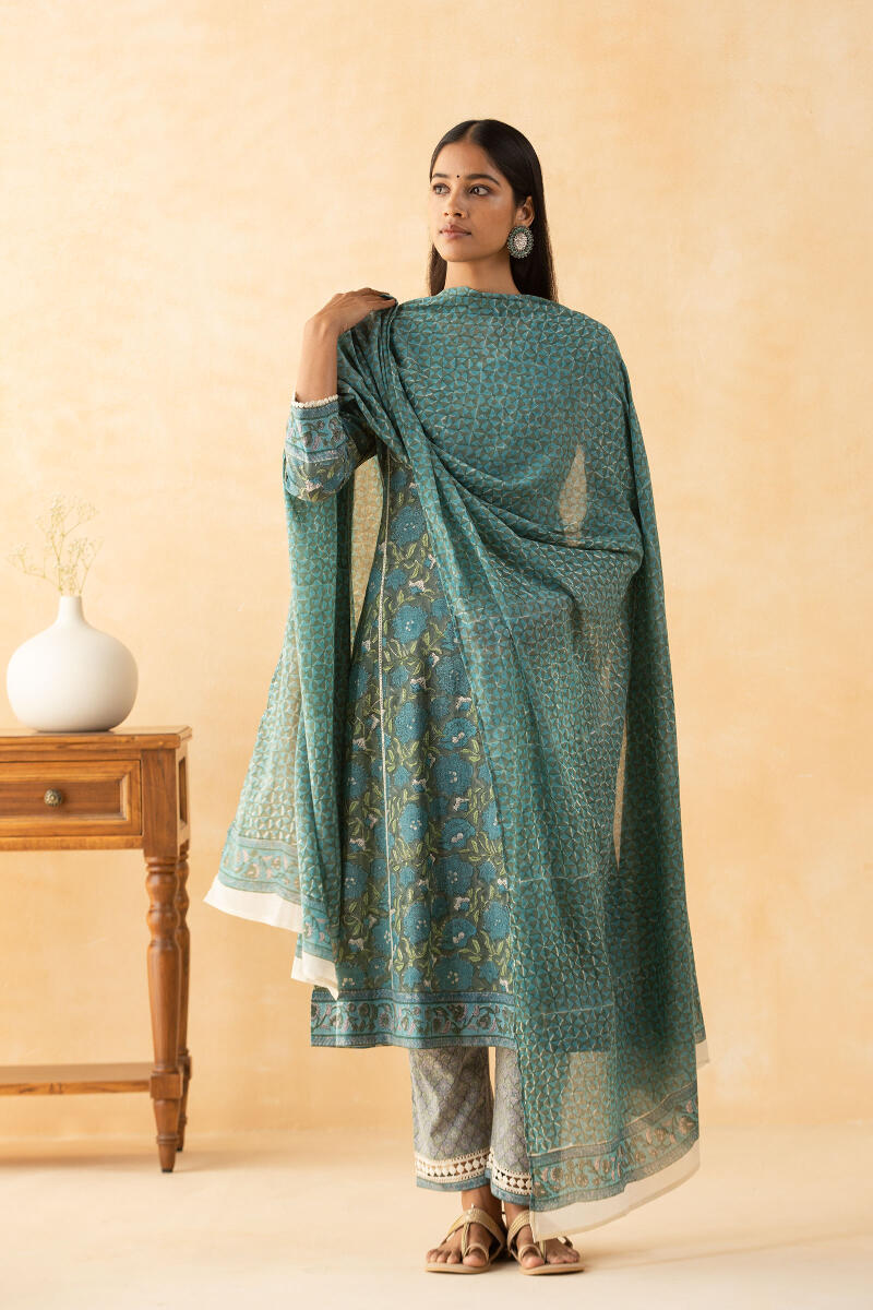 Grey Block Printed Cotton Dupatta