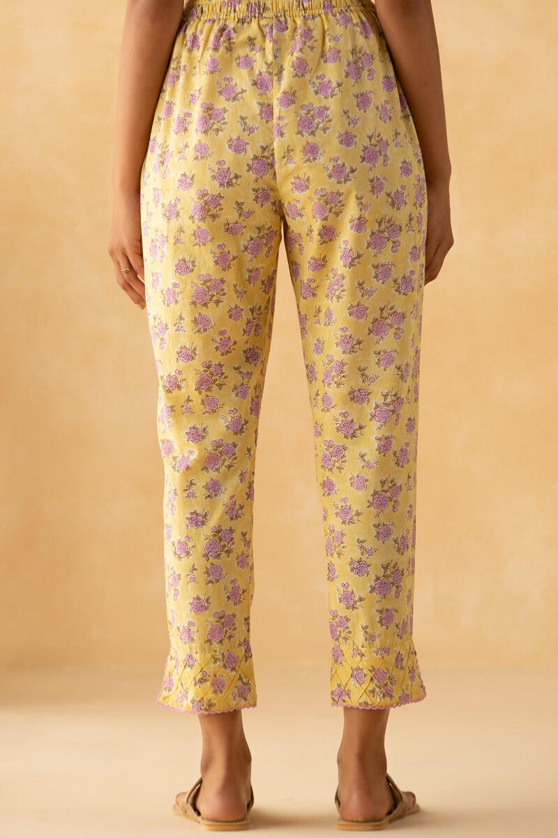 Yellow Block Printed Cotton Narrow Pants