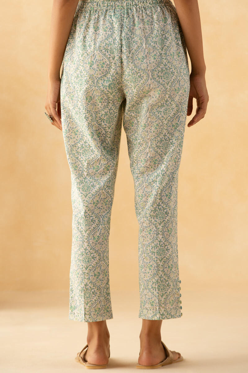 Blue Block Printed Cotton Narrow Pants