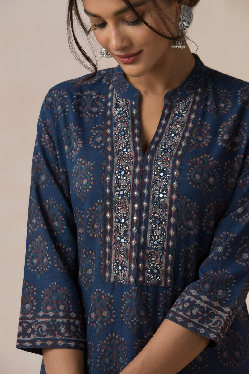 Indigo Block Printed Straight Cotton Kurta