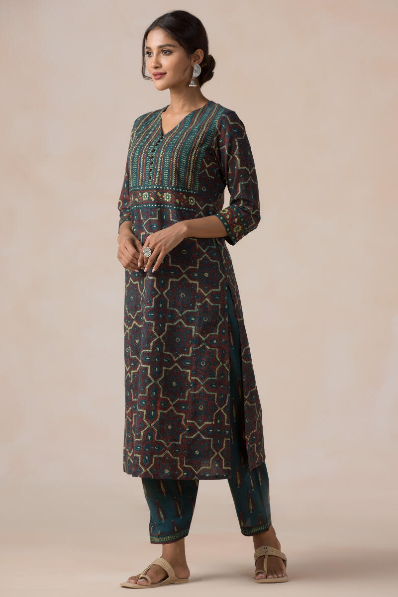 Maroon Block Printed Straight Cotton Kurta