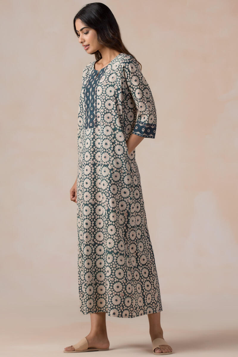 Green Block Printed Cotton Kaftan