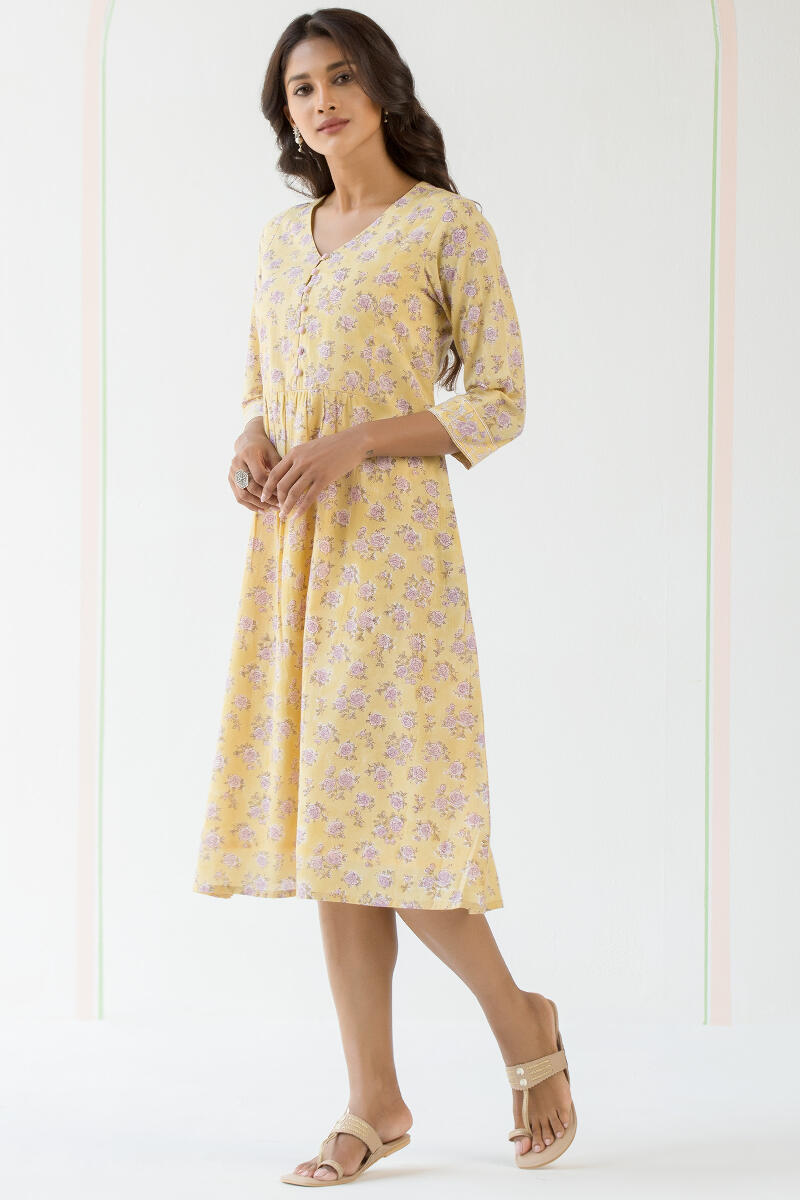 Yellow Block Printed Cotton Dress