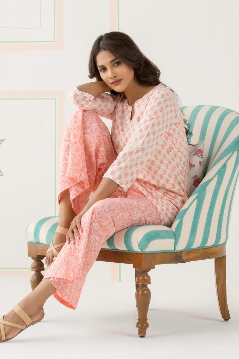 Orange Block Printed Cotton Loungewear Set