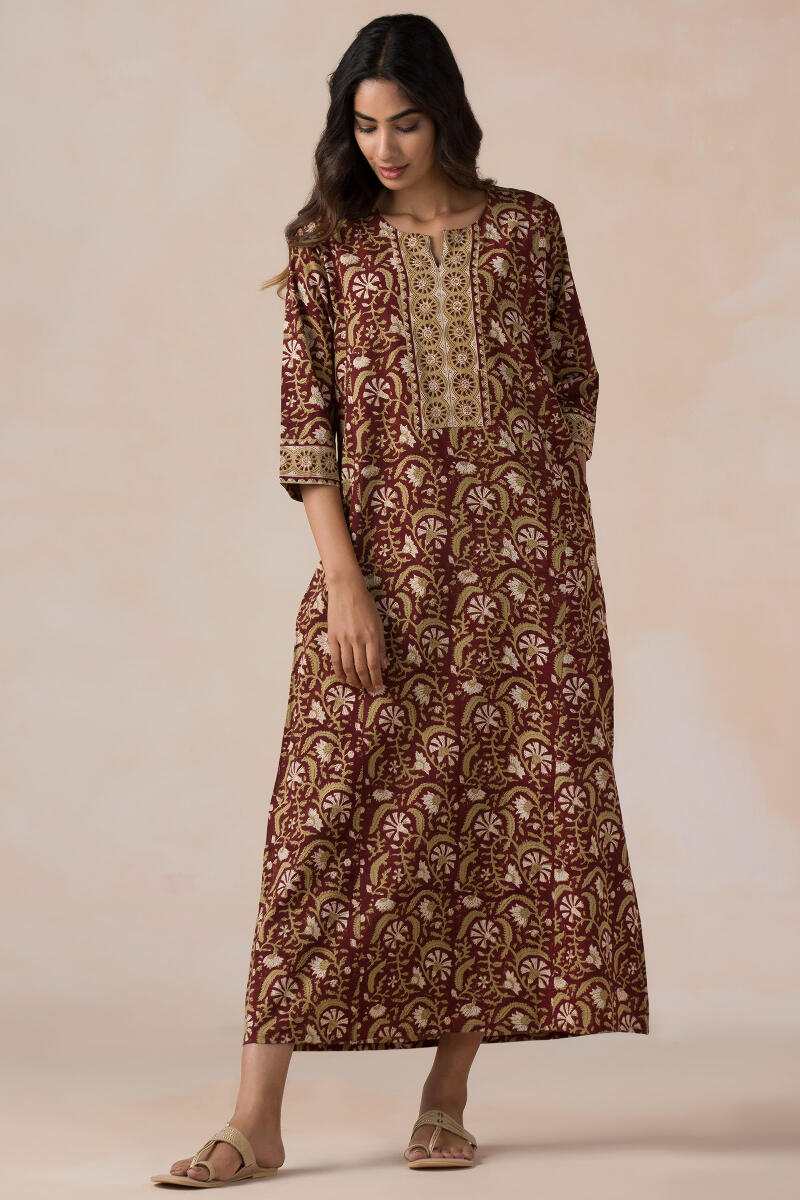 Brown Block Printed Cotton Kaftan