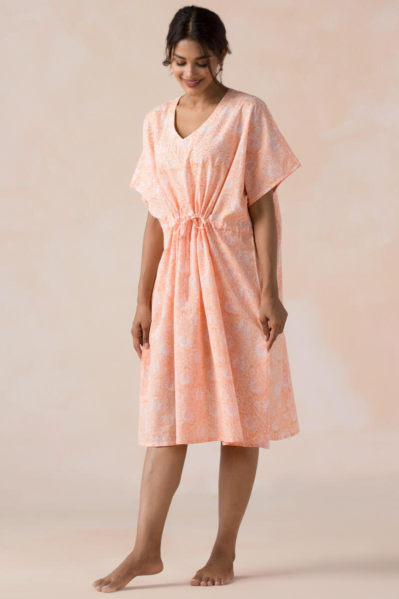 Peach Block Printed Cotton Kaftan