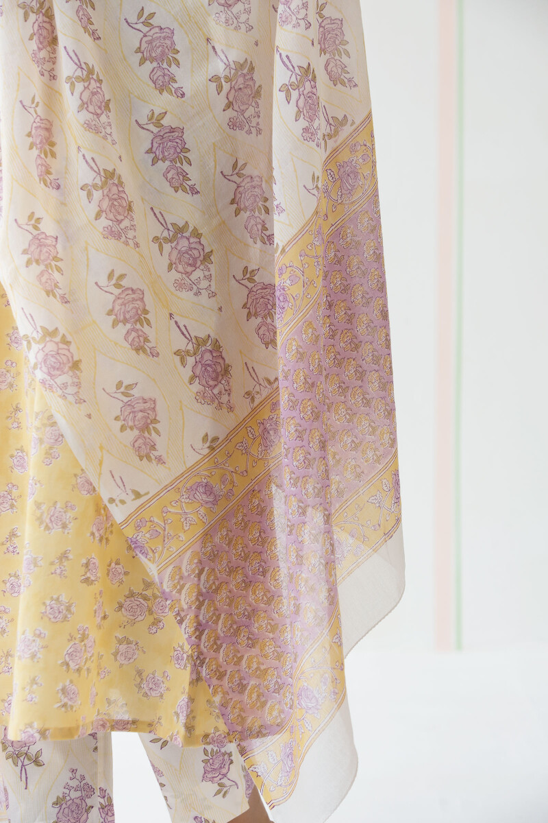 Yellow Block Printed Cotton Dupatta