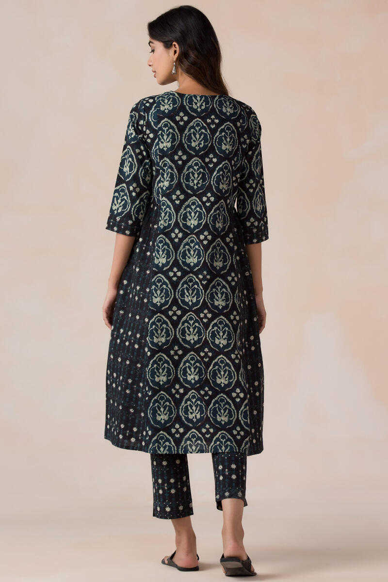 Black Block Printed A-Line Cotton Kurta