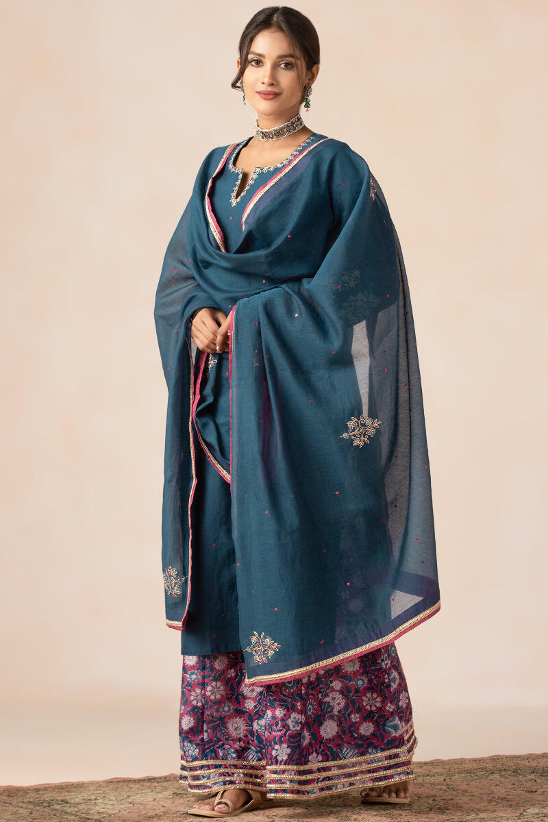 Blue Handcrafted Straight Chanderi Kurta