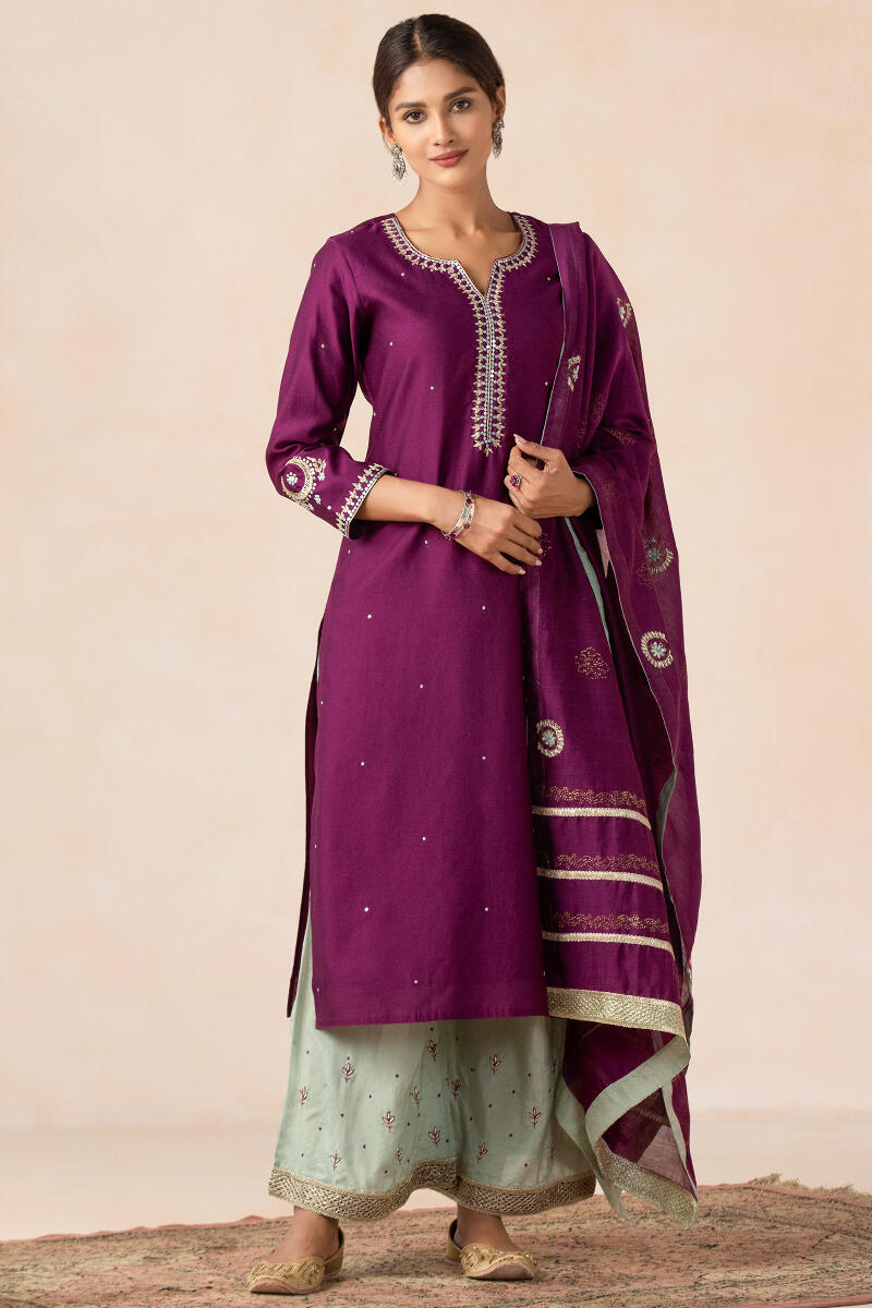 Purple Handcrafted Straight Chanderi Kurta