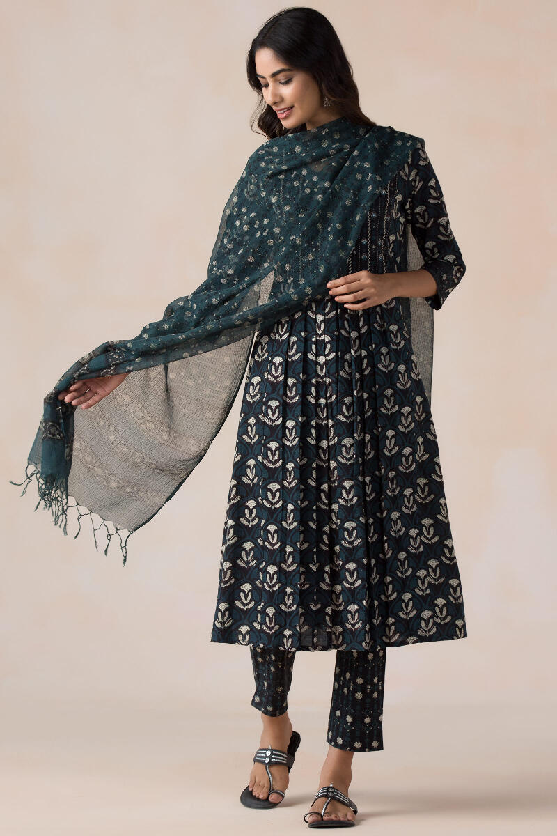 Black Block Printed A-Line Cotton Kurta