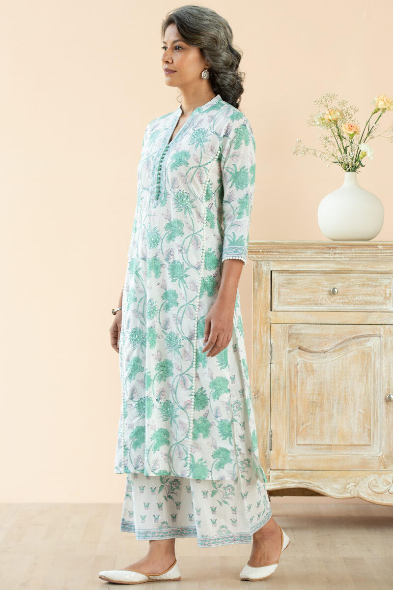 White Block Printed Straight Cotton Kurta