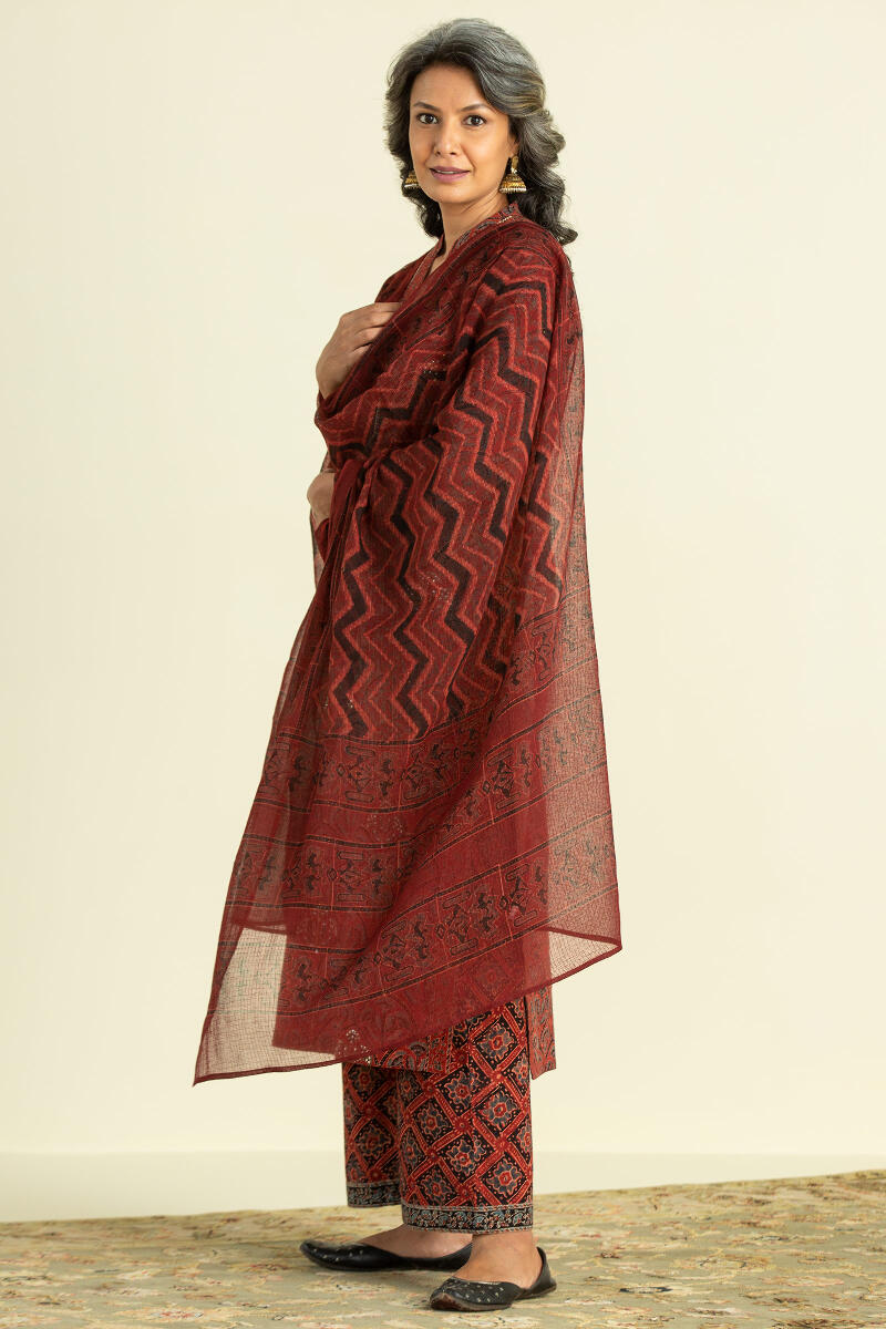 Red Block Printed Kota Dupatta