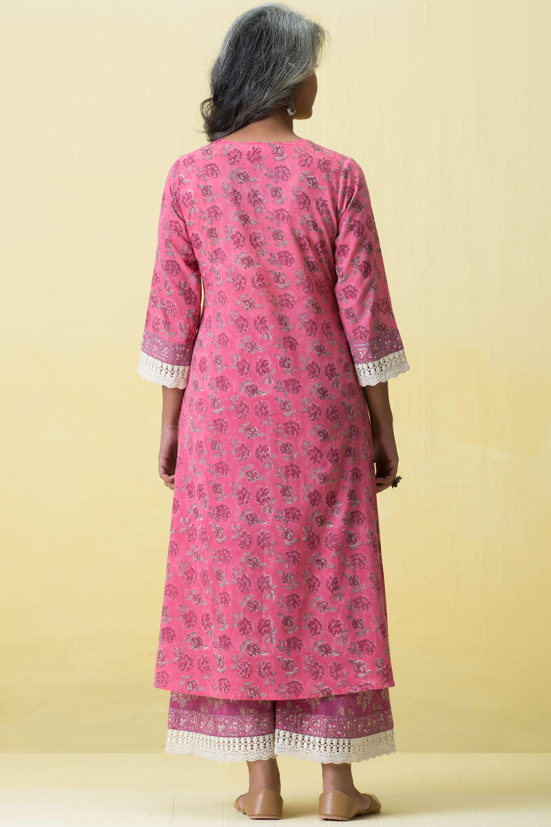 Pink Block Printed A-Line Cotton Kurta