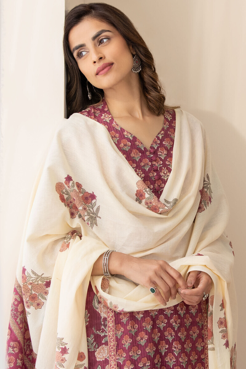 Beige Hand Block Printed Cotton Dupatta