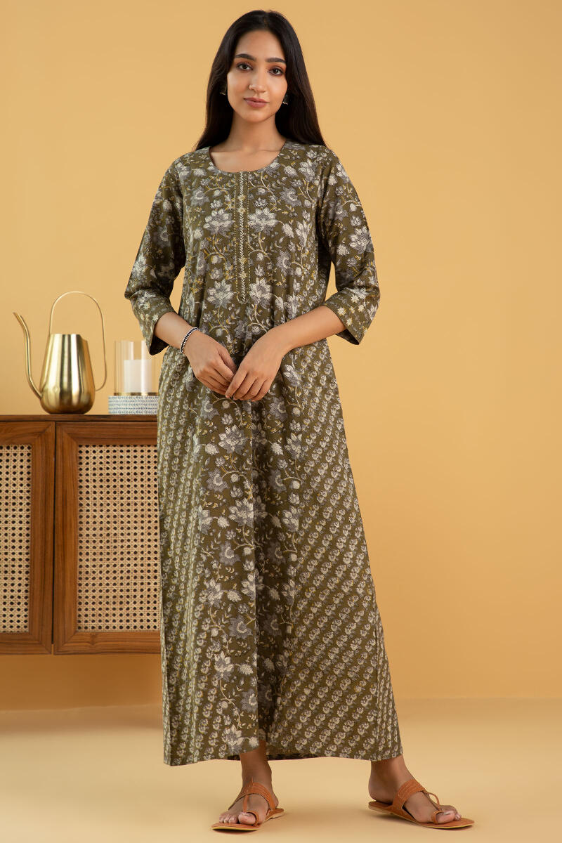 Green Block Printed Cotton Kaftan