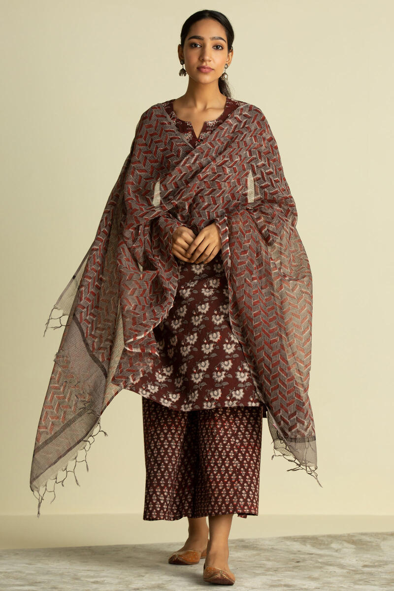 Maroon Block Printed Kota Dupatta