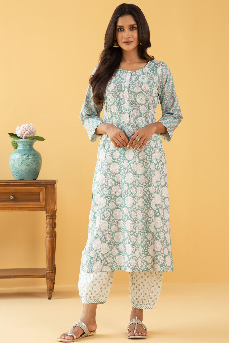 Blue Block Printed Straight Cotton Kurta