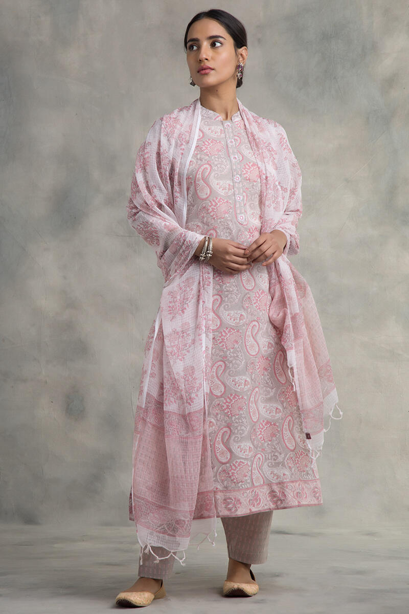 Pink Block Printed Kota Dupatta