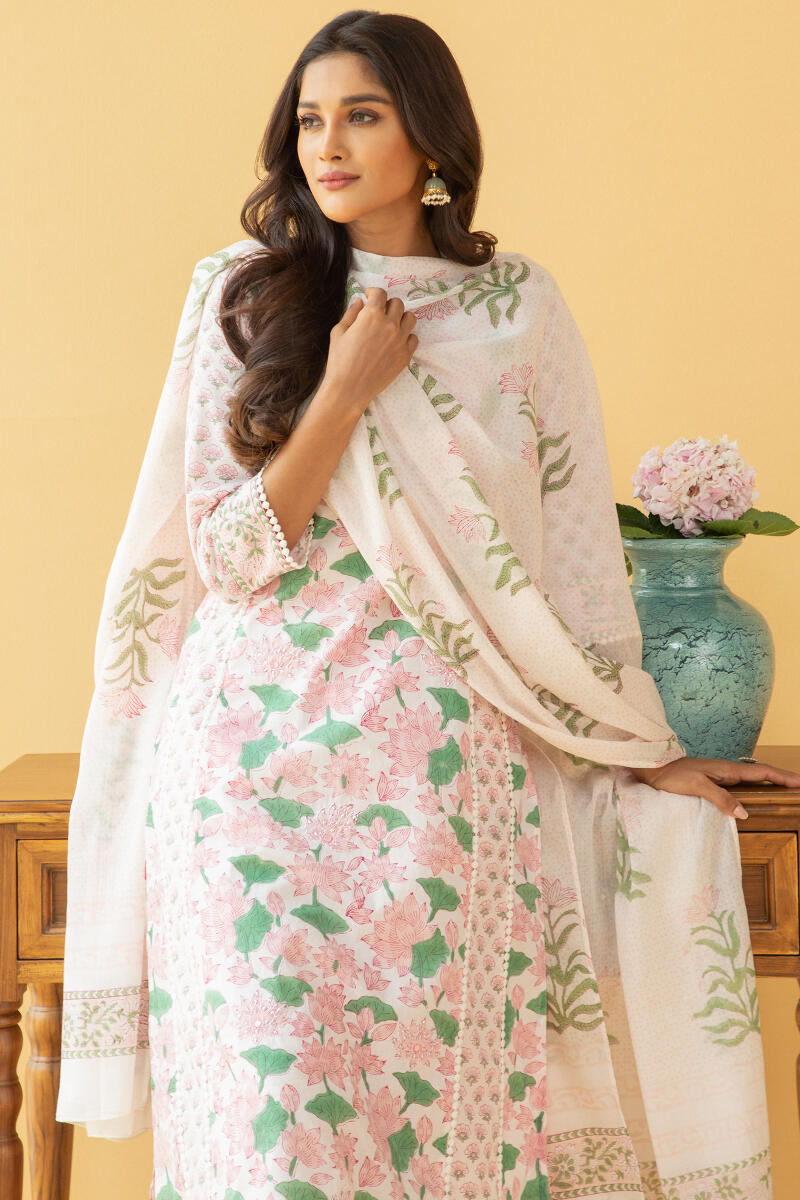 White Block Printed Cotton Dupatta